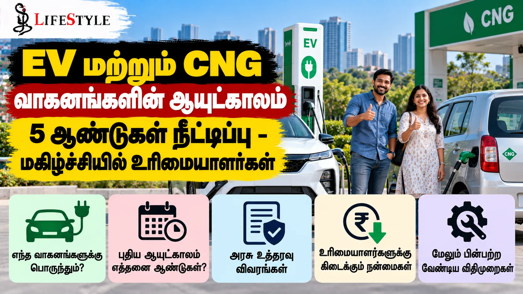 EV மற்றும் CNG வாகனங்களின் ஆயுட்காலம் 5 ஆண்டுகள் நீட்டிப்பு - மகிழ்ச்சியில் உரிமையாளர்கள்
